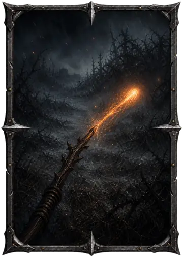 Card art for Ember Bolt: a thorn rod looses an ember through the fog