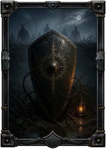 Card art for Shield Wall: a studded shield braced in the thorns