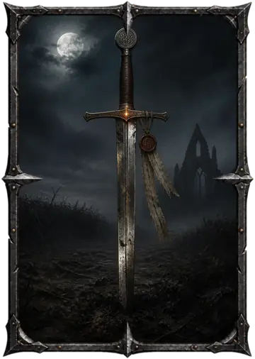 Card art for Sword Oath: a sword with a wax seal planted in the moor