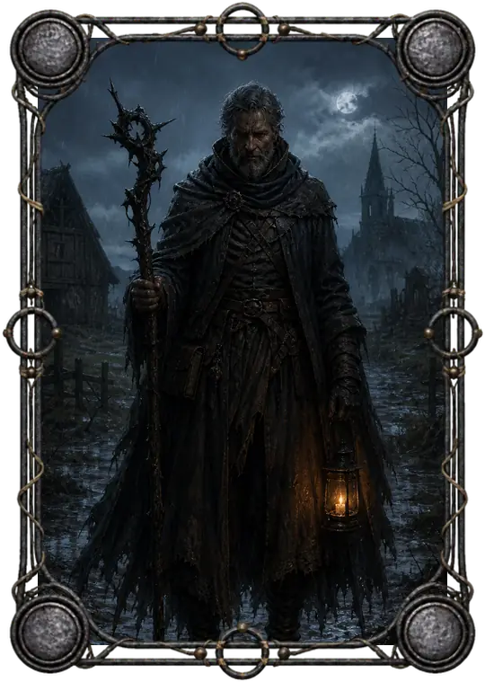 The Arcanist, a grey hedge-wizard with a thorned staff and a lantern