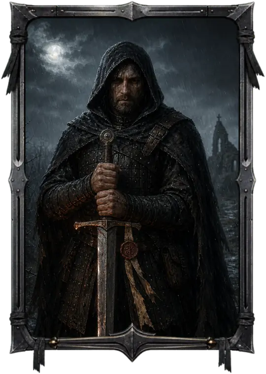 The Blade, a hooded sword veteran, stands in the rain before a ruined church