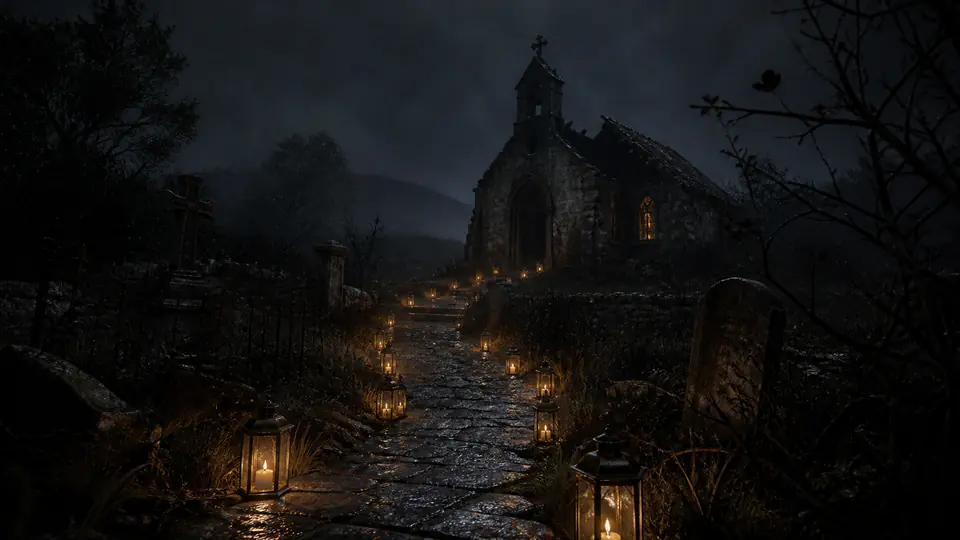 Lanterns line a wet stone path up to a lit chapel at night