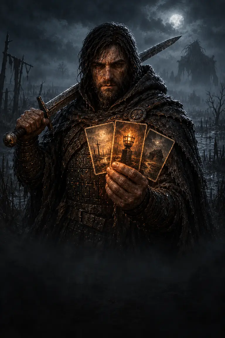 A hooded Blade in rain-soaked mail holds three lit cards